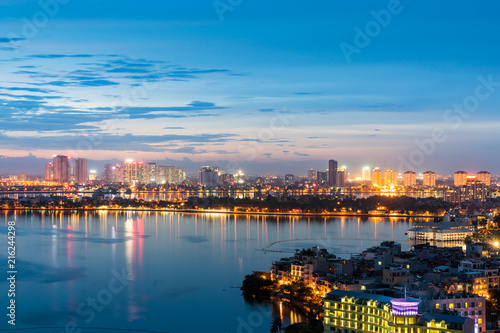Aerial view of Hanoi skyline at West Lake or Ho Tay. Hanoi cityscape at twilight © Hanoi Photography
