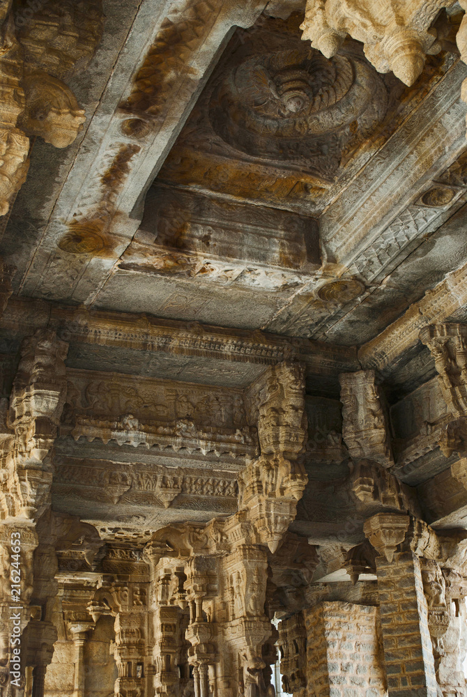 Interiors and ceilings of Maha Mandapa, Vitthala Temple complex, Hampi, Karnataka.