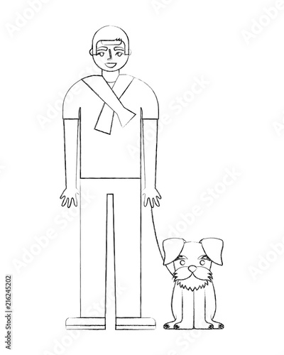 man standing near her schnauzer dog