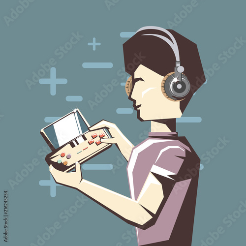 retro videogames design with avatar man playing portable videogames over blue background, colorful design. vector illustration