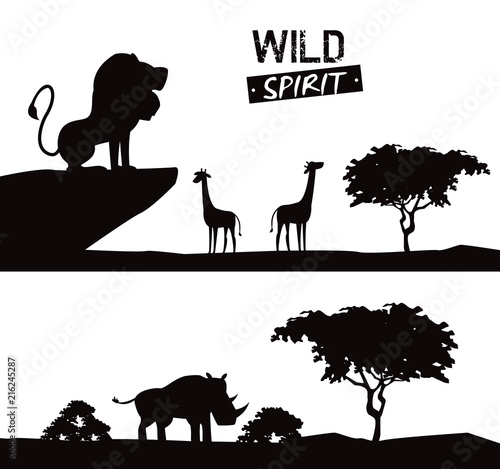 Lion giraffes and rhino african animals silhouetttes at savanna vector illustration graphic design photo