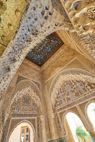 Arabesque Moorish architecture Interior of the Palacios Nazaries, Alhambra de Granada,  Granada, Andalusia, Spain, Europe