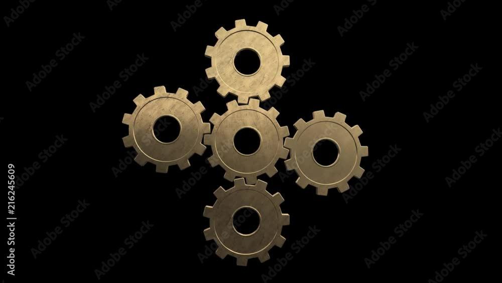 Five gold gears spinning. Black background. Alpha channel Five gold gears spinning. Black background. Alpha channel