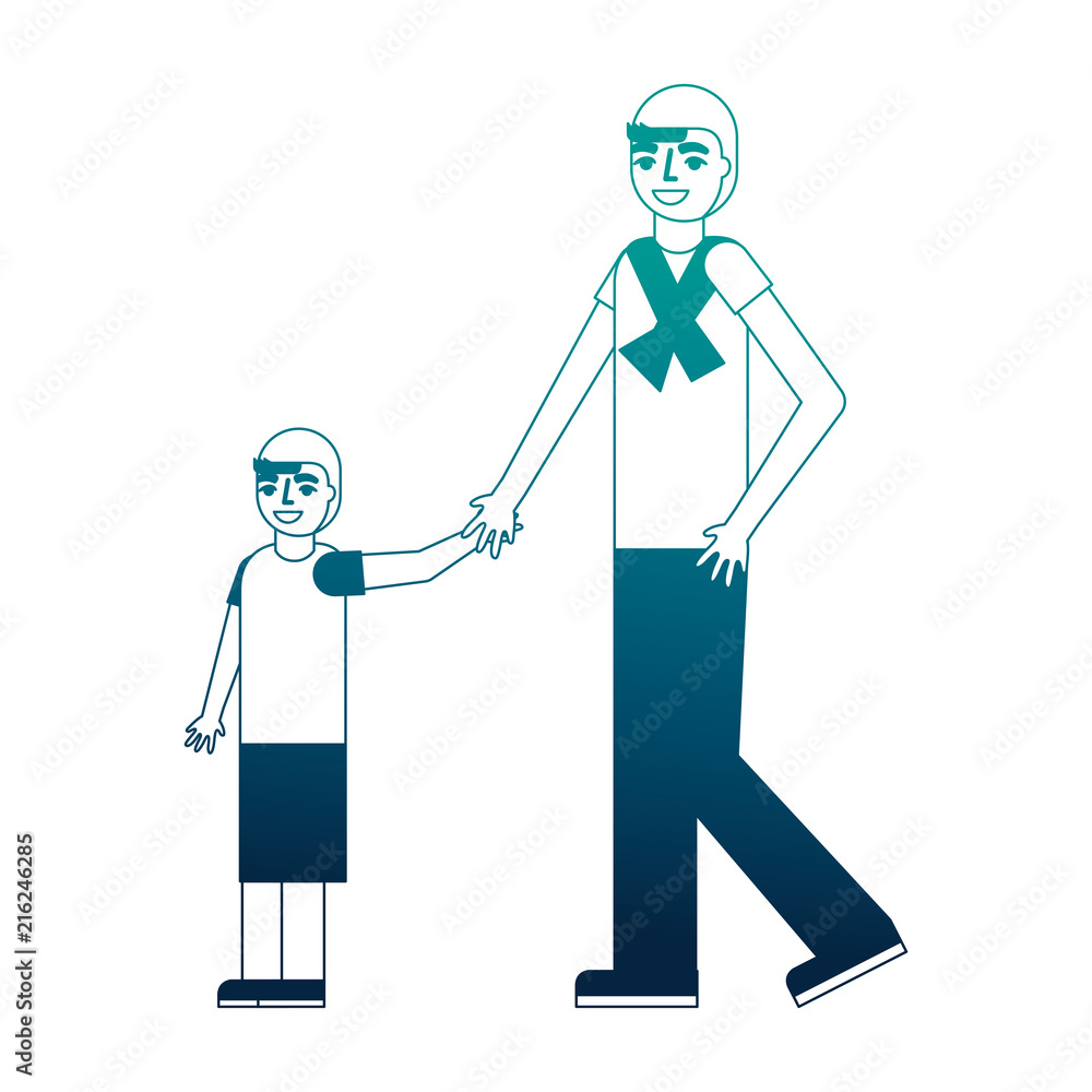 father holding hand her son walking together father holding hand her son walking together