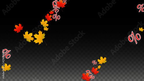 Vector Percentage Sign and Autumn Leaves Confetti on Transparent Background. Percent Sale Background. Business, Economics, Finance Print. Discount Illustration. Promotion poster. Black Friday Banner. 