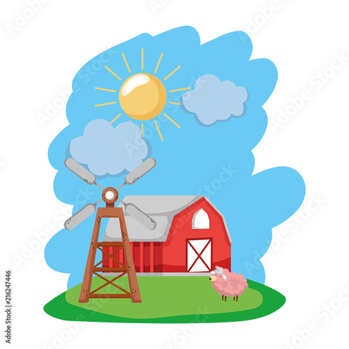 house farm with sheep animal and windmill