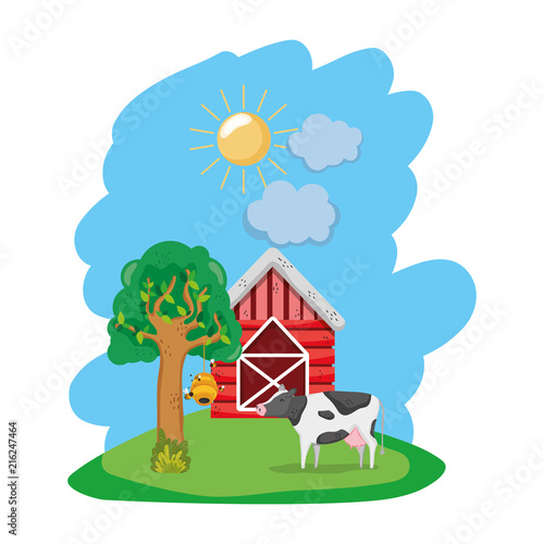house farm with cow animal and tree