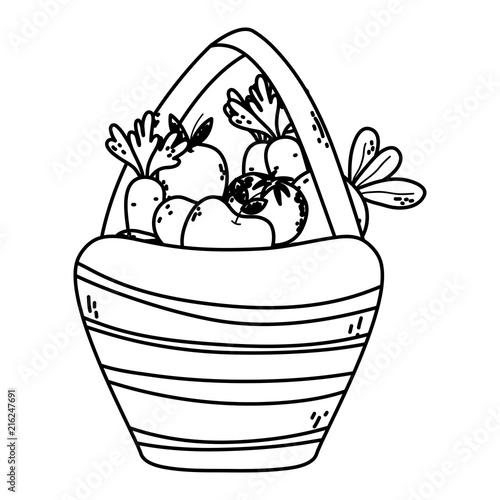 line delicious fruits and vegetables inside wood hamper