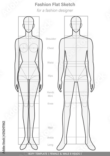 Body template Fashion FLAT SKETCHES technical drawings FEMALE & MALE 8 HEADS	