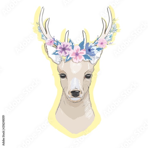 watercolor vector illustration isolated deer, big antlers, flowers and birds on the horns, branches cherry flowering plant,Bird red cardinal, bird bullfinch