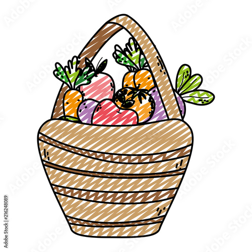 doodle delicious fruits and vegetables inside wood hamper