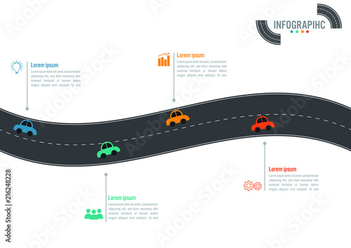 Business infographic template with 4 options road shape and car, Abstract elements diagram or processes and business flat icon, Vector business template for presentation.Creative concept for infograph