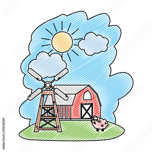 doodle house farm with sheep animal and windmill