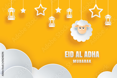 Eid Al Adha Mubarak celebration card with sheep in paper art yellow background. Use for banner, poster, flyer, brochure sale template.
