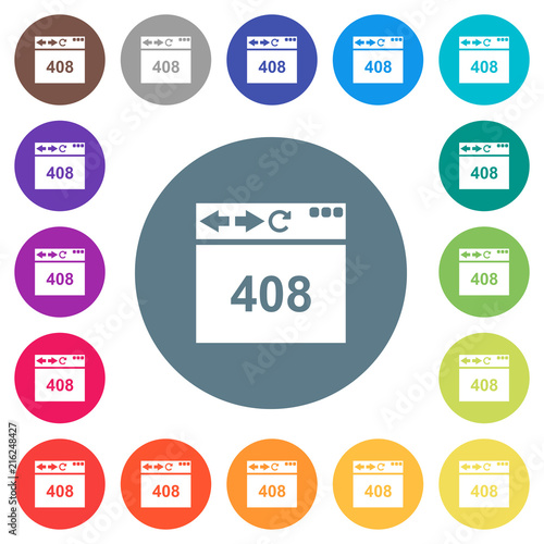Browser 408 request timeout flat white icons on round color backgrounds