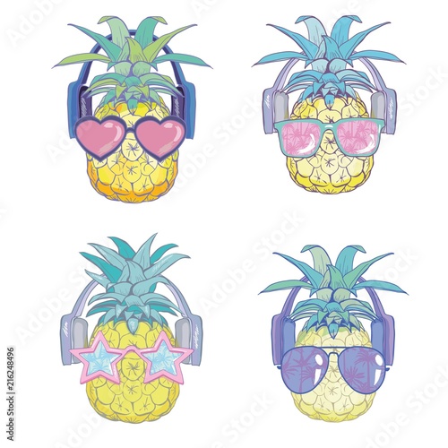 Pineapple with sunglases and headphones. Summer consept. Vector illustration.