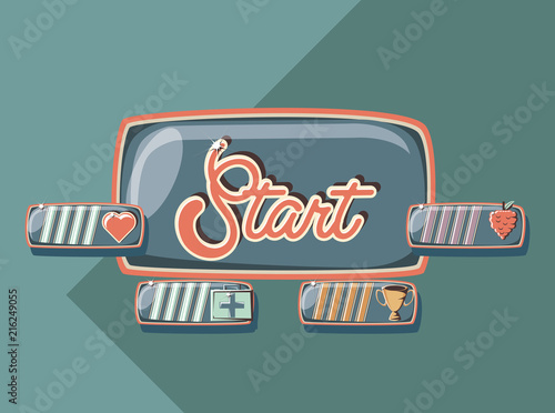 retro videogames design with start button and related iocns over green background, colorful design. vector illustration photo
