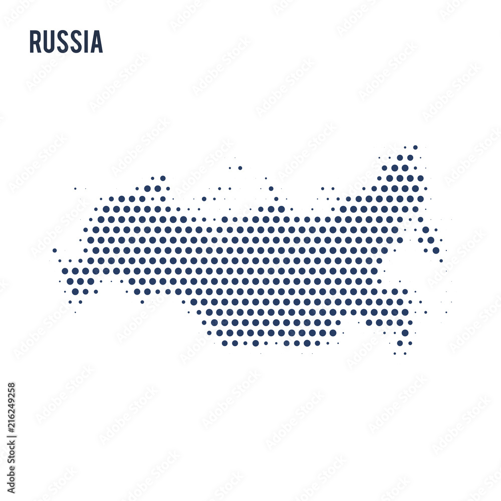 Dotted map of Russia isolated on white background.