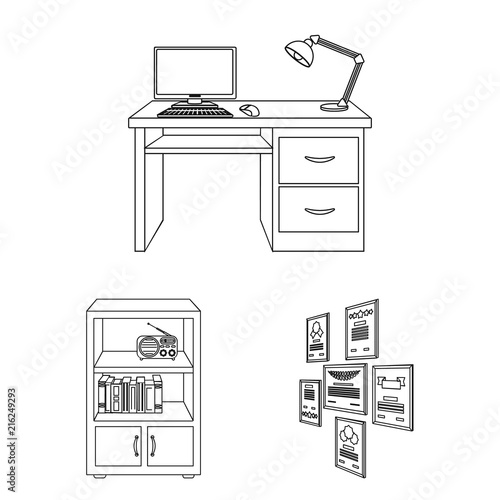 Furniture and interior outline icons in set collection for design. Home furnishings vector isometric symbol stock web illustration.