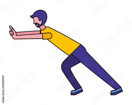 young man pushing avatar character