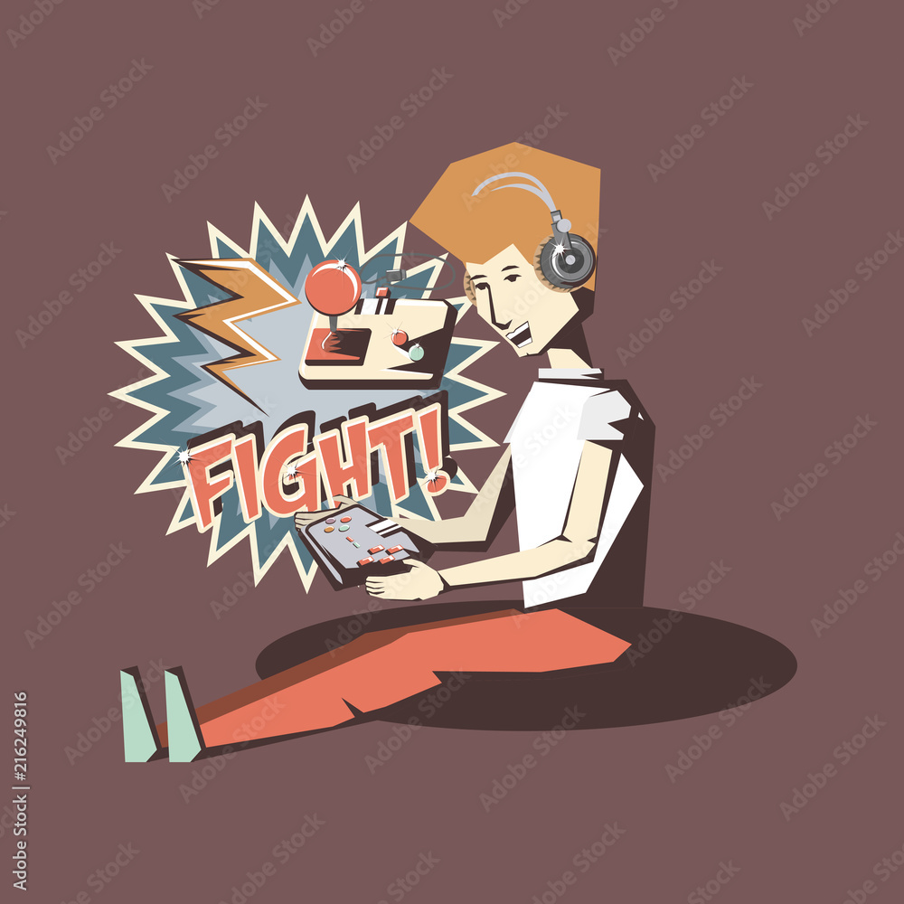 retro videogames design with avatar man sitting and playing videogames over brown background, colorful design. vector illustration retro videogames design with avatar man sitting and playing videogames over brown background, colorful design. vector illustration