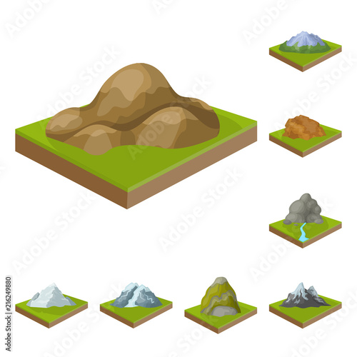 Mountains, massive cartoon icons in set collection for design. The surface of the earth vector isometric symbol stock web illustration.