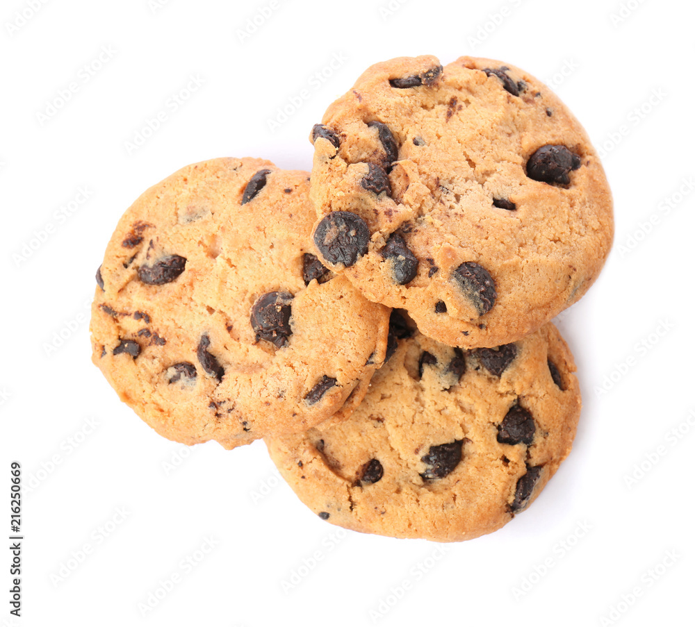 Tasty cookies with chocolate chips on white background Tasty cookies with chocolate chips on white background
