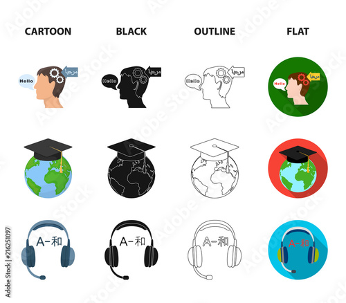 The mouth of the person speaking, the person head translating the text, the globe with the master cap, the headphones with the translation. Interpreter and translator set collection icons in cartoon