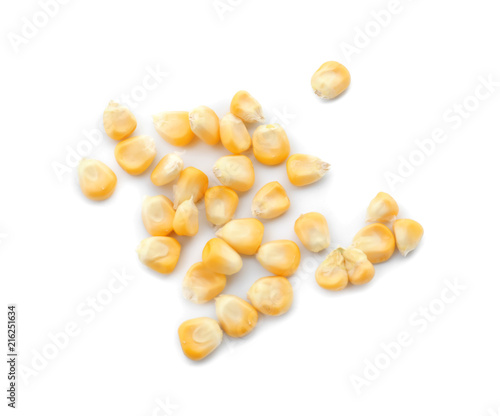 Ripe corn kernels on white background