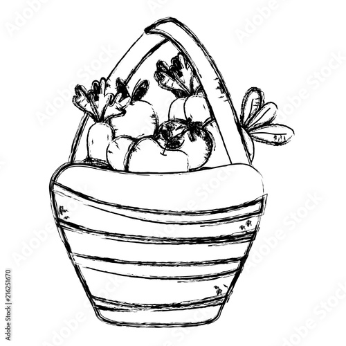 grunge delicious fruits and vegetables inside wood hamper
