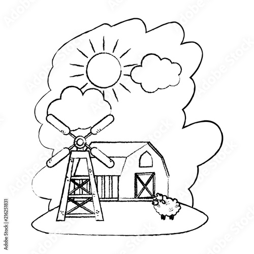 grunge house farm with sheep animal and windmill