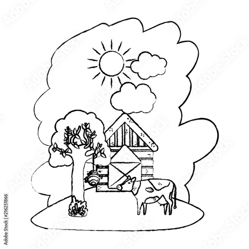 grunge house farm with cow animal and tree