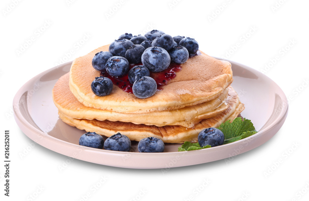 Plate with tasty pancakes and blueberries on white background Plate with tasty pancakes and blueberries on white background