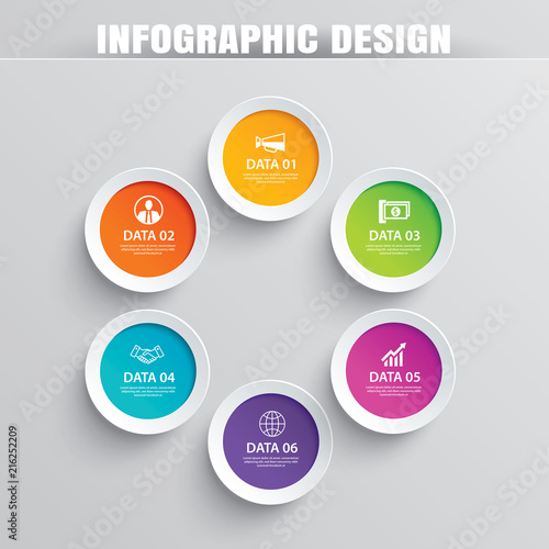 Infographics circle paper with 6 data template. Vector illustration abstract background. Can be used for workflow layout, business step, brochure, flyers, banner, web design.