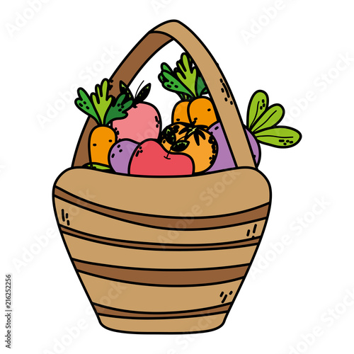 color delicious fruits and vegetables inside wood hamper