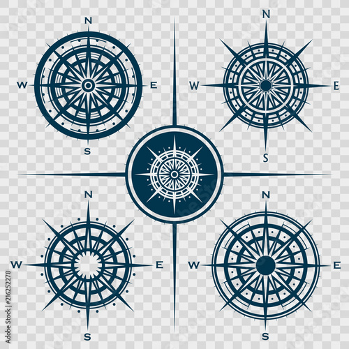 Vector set of blue compass roses isolated on transparent background. Collection of different wind roses for graphic design. Vector illustration.