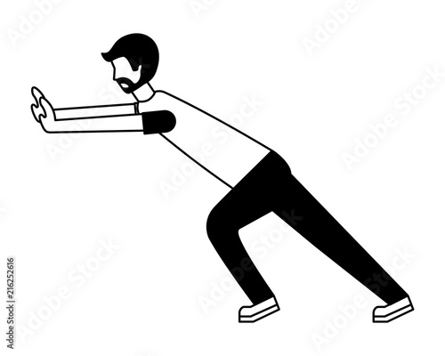 young man pushing avatar character