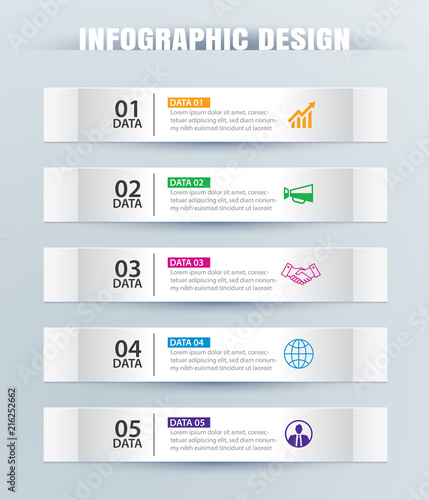 Infographics tab in horizontal paper index with 5 data template. Vector illustration abstract background. Can be used for workflow layout, business step, banner, web design.