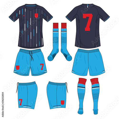 navy blue and blue soccer jersey with sock and short mock up