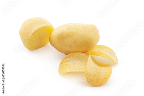 crispy chips and raw potato on white background
