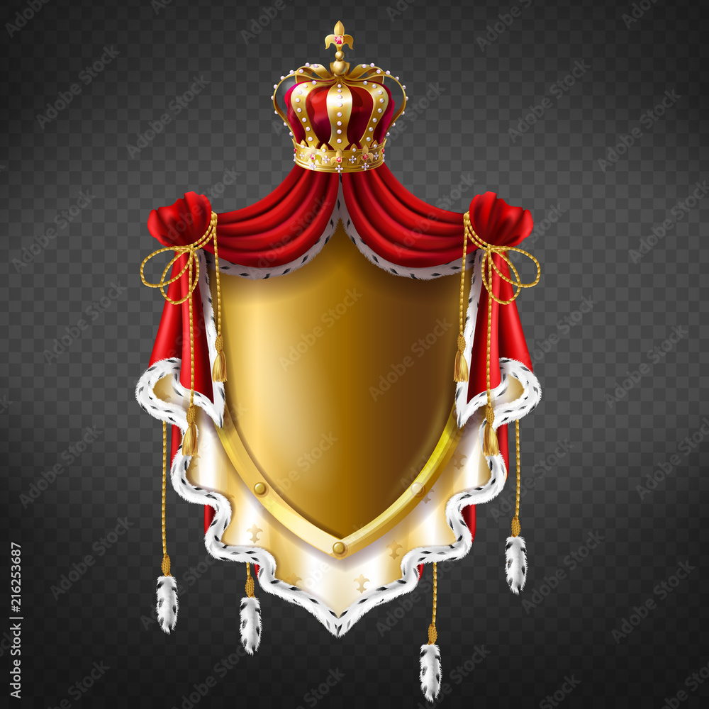Vector golden royal coat of arms with crown, shield and fringe fur. Template  of gold label for companies, business. Elegant premium element for  advertising, promotion or web design Stock Vector | Adobe