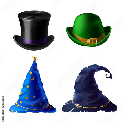 Vector set of Halloween clothing isolated on white background. Top hat for magician, bowler for Irish leprechaun. Blue cap for stargazer, headdress for witch. Traditional costumes for autumn holiday.