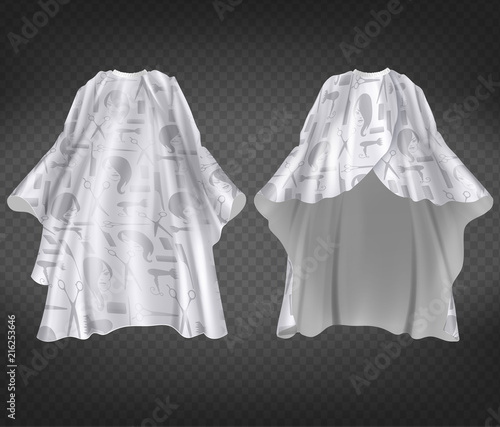 Vector 3d realistic white hairdresser apron with print, pattern isolated on transparent background. Professional equipment for hair cutting, nylon protective cape to wear around neck in barbershop