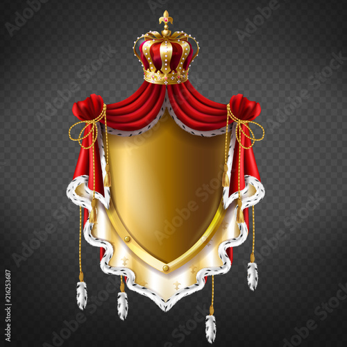Vector golden royal coat of arms with crown, shield and fringe fur. Template of gold label for companies, business. Elegant premium element for advertising, promotion or web design