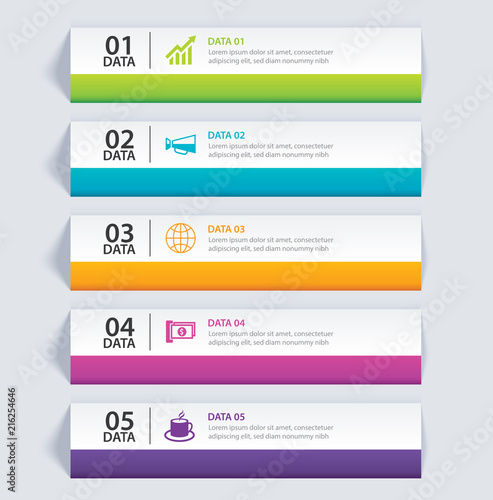 Infographics tab in horizontal paper index with 5 data template. Vector illustration abstract background. Can be used for workflow layout, business step, banner, web design.