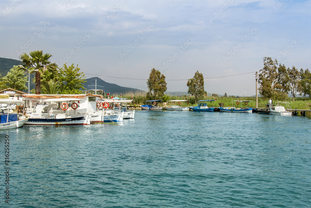 Mugla, Turkey, 14 May 2012: Boats at Azmak Stream, Gokova Bay, Akyaka