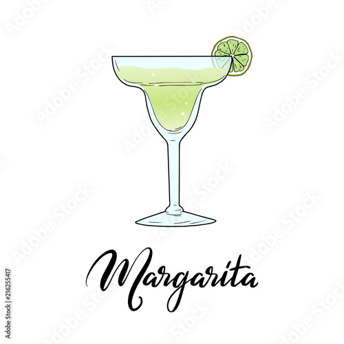 Margarita alcoholic cocktail in glass with lime slice and lettering typography. Vector illustration isolated on white background. Hand sketched composition made for menu design, bar, restaurant, print