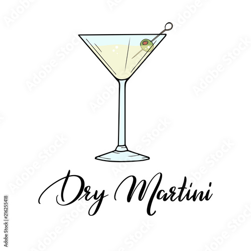 Dry Martini alcohol cocktail in glass with green olive and lettering typography. Vector illustration isolated on white background. Classic cocktail. Hand sketched composition made for menu design, bar