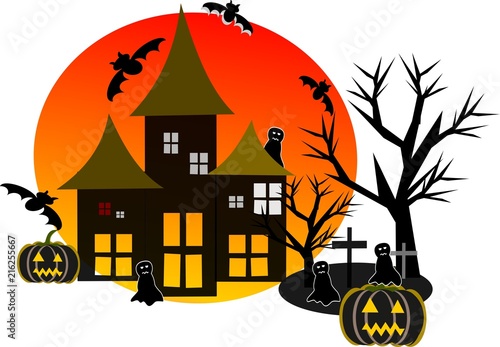 Halloween vector illustrations, Halloween pumpkins, ghosts, crosses, bats and dark castle, witch riding broom On the moon background illustration.