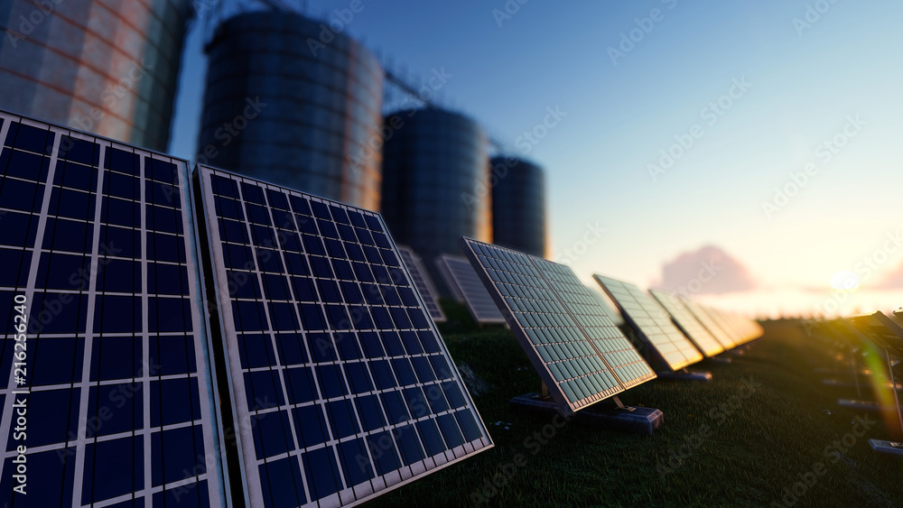 Obraz premium Solar Panels with Silos